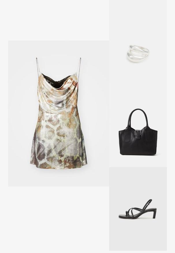 Kausi kauluspaita mekko ohuiden hihnojen kanssa, metallinhohtoinen hopeinen kangas, jossa on abstrakteja kuvioita maanläheisissä sävyissä, ja levenevä helma.; Mustat hihnalligat, joissa on neliön muotoinen kärki ja matala lohkokorko. Ominaisuuksiin kuuluu useita ohuita hihnoja ja säädettävä nilkkahihna. Valmistettu sileästä nahasta.; Musta nahkainen olkalaukku, jossa on sileä pinta, ryhdikäs muoto, kaksi kahvaa ja silmienpistävä hopeinen solkiyksityiskohta edessä.; Hopeinen kaksinkertainen rengas, jossa on sileä, kiillotettu pinta. Siinä on sulava, kaareva muotoilu, jossa on päällekkäisiä osia modernin ilmeen saavuttamiseksi.