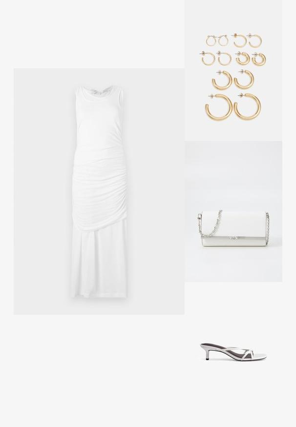 BITE Studios - Sukienka z dżerseju; Srebrne sandały na obcasie z krzyżującymi się paskami, o gładkiej fakturze i spiczastym nosku. Obcas ma wysokość około dwóch cali.; MICHAEL Michael Kors - Torba na ramię; Zestaw złotych kolczyków w kształcie kół, oferujący różne rozmiary i wzory, w tym małe, średnie i duże style, z gładkimi metalicznymi wykończeniami.