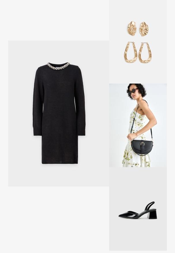 Fekete kötött ruha hosszú ujjakkal, textúrált anyagból, díszes gyöngyös gallérral. Egyszerű, egyenes sziluett. Nincsenek minták vagy további díszítések.; Fekete lakk bőr szandálkés magas sarkú cipő, hegyes orral és geometrikus tömbsarkakkal. Karcsú, minimalista dizájn és sima textúra jellemzi.; Fekete bőrtáska ívelt formával, levehető pánttal és arany színű fémrészekkel. A táskán egy csattal díszített fedél található.; Aranyszínű fülbevalók, texturált, hullámos formákkal. Tartalmazza a szobrászati klipszes studokat és az open hoop kialakítást, kalapácsos felülettel.