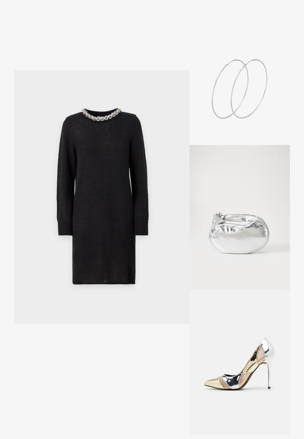 Juodas megztas suknelė su ilgomis rankovėmis, tekstūruotu audiniu ir dekoratyviu karoliukų apykakle. Paprasta, tiesi siluetas. Be raštų ar papildomų akcentų.; Aštrus pirštas aukštakulnis batelis su sidabro, aukso ir nuogų spalvų deriniu. Blizgus paviršius su išpjovos dizainu, su stiletto kulnu.; Sidabrinė metalinė maišelio forma su švelnia, apvalia forma ir mazgu užveriamu viršumi. Pagaminta iš lygios dirbtinės odos medžiagos.; Sidabrinės pusmėnulio auskarai minimalistiniu dizainu. Apskritimo forma, lygus paviršius ir plonas profilis. Lengvi su poliruotu apdailu.