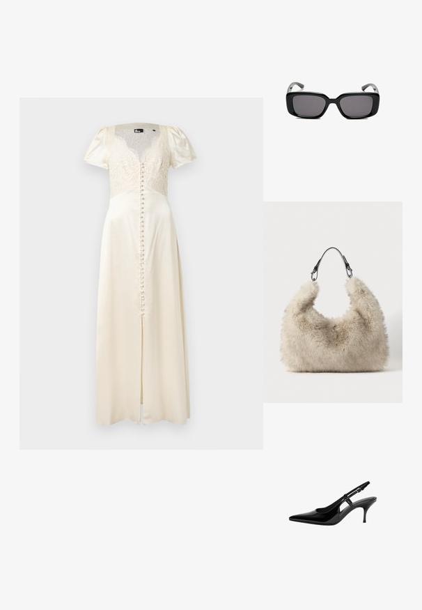 Kremna satenasta dolga obleka z bodicom iz čipke, kratkimi napihnjenimi rokavi, sprednjo zapenjavo z gumbi in visokim razporkom na stegno za dodaten poudarek.; Črne patentne usnjene slingback čevlje s koničastim nosom, odprtimi stranskimi izrezi, ozkim petam in nastavljivim gležnjava.; Črne pravokotne sončne očala z temnimi lečami, gladkim plastičnim okvirjem in ukrivljenimi nogicami. Oblika je robustna in minimalistična.; Bežna puhasta torba s zakrivljenim oblikom, izdelana iz mehkega umetnega krzna. Opremljena z črnim usnjenim ročajem z kovinskimi akcenti.