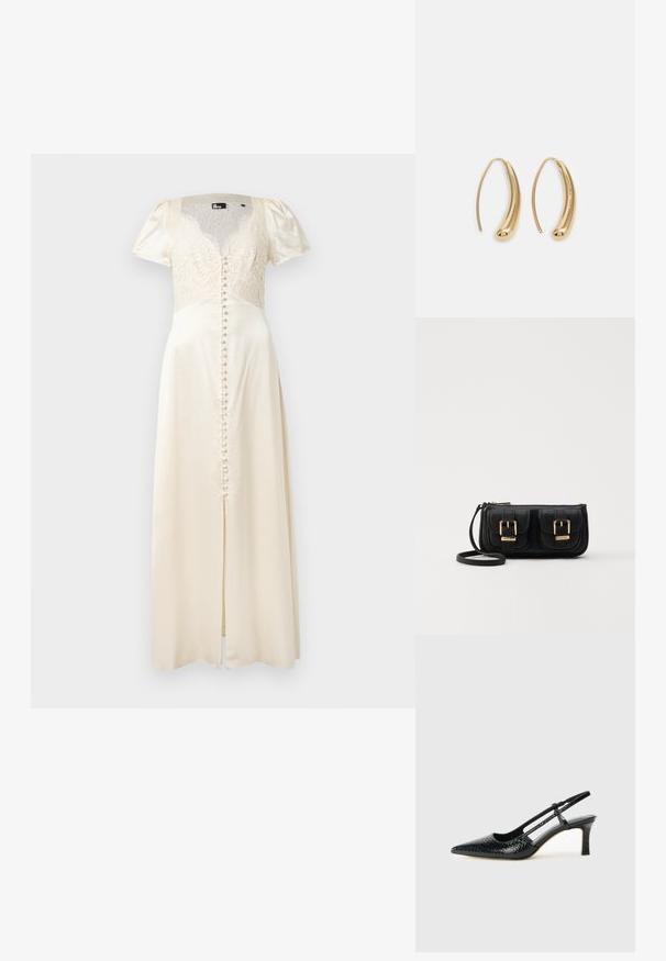 Cream satin long dress with lace bodice, short puff sleeves, front button closure, and a thigh-high slit for added detail.; Black patent slingback heel with a pointed toe, featuring textured snake print, adjustable strap, and a short, textured block heel.; Black leather crossbody bag with two front pockets, gold buckles, zipper closure, and a slim strap. Textured surface and compact rectangular shape.; Gold-tone metal hoop earrings with a curved, elongated shape. Features a smooth, shiny surface and a rounded tip for added detail.