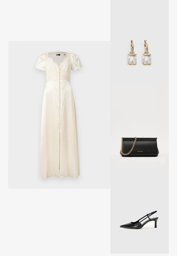 Krémové saténové dlhé šaty s čipkovaným živôtikom, krátkymi nafúknutými rukávmi, zapínaním na gombíky vpredu a rázporkom nad stehnom pre dodatočný detail.; Čierne patentové slingback topánky na ihlovom podpätku s špicatou špičkou, s textúrovaným hadím vzorom, nastaviteľným popruhom a krátkym, textúrovaným blokovým podpätkom.; Čierna kožená kabelka s retiazkou zo zlata, so hladkou textúrou, obdĺžnikovým tvarom a embosovaným logom na prednej strane.; Náušnice v zlatej farbe, ktoré majú obdĺžnikový, transparentný kryštál visiaci pod radom malých, guľatých, čírych akcentov. Elegantný, moderný dizajn.