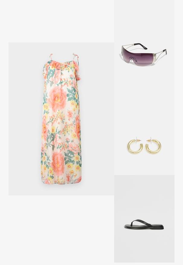 Gėlių maxi suknelė pastelinėmis spalvomis, su raukiniais ant petnešų, laisvu siluetu ir lengvu, permatomu audiniu su rožinėmis ir gelsvomis gėlių rašmenimis.; Juodos šlepetės, pagamintos iš lygios odos, su plona dirželių konstrukcija ir plokščiu padu, turinčiu minimalų profilį. Be pastebimų raštų ar akcentų.; Akiniai nuo saulės su dideliu, išlenktu purpuriniu lęšiu, sidabro metaliniais akcentais ir juodomis tempomis su logotipu. Matomi tekstūruoti rėmo detalės.; Aukso auskarai su lygiu, blizgiu paviršiumi. Apvalus dizainas su maža užrakto dalimi ir skaidria atrama saugiam nešiojimui.