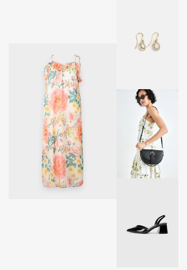 Cvetna maksi obleka v pastelnih barvah, z nabranimi naramnicami, ohlapnim krojem in lahkotnim, prosojnim materialom z vzorcem rožnatih in rumenih cvetov.; Črne lakirane slingback pete s koničastim nosom in geometrijsko blokasto peto. Imajo eleganten, minimalističen dizajn in gladko teksturo.; Črna usnjena torbica s ukrivljeno obliko, z odstranljivo naramnico in zlatimi dodatki. Torbica ima pokrov s podrobnostmi v obliki zaponke.; Zlato obarvani uhani z ovalnimi prozornimi kristali, ki jih obdajajo manjši prozorni kamenčki, s sistemom za oblačenje za varno nošenje.