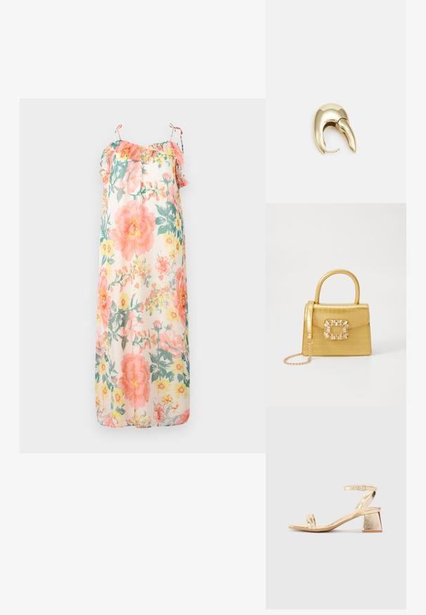 Pastelses värvitoonis lilleline maksi kleit, millel on volangitega rihmad, lahtine lõige ning kerge, läbipaistev kude, millel on roosa ja kollane lillemuster.; Kuldmetalliline kontsaga sandaal, millel on nurkadega plokk-konts, kaks riba jala peal ja reguleeritav pahkluu rihm. Sujuv tekstuur.; Kollane faux-krokodilli käsipindaga kott, millel on struktureeritud disain, ülemine käepide, eemaldatav kettmass ja dekoratiivne kristallkaunistus klambril.; Kuldtooni metallist kõrvarõngas, millel on elegantne ja kaarjas disain. Omab silmapaistvat teravat kuju, poleeritud pinda ja hingesulgemist.