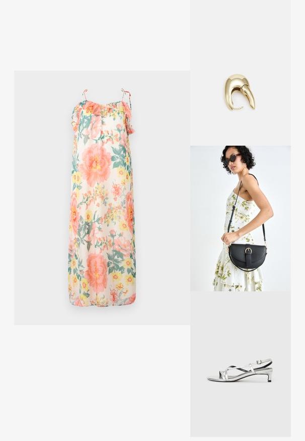 Blommig maxiklänning i pastellfärger, med volangaxlar, lös passform och ett lätt, genomskinligt tyg med rosa och gula blommönster.; Silverfärgad metallisk slingback-sandal med låg klack, som har korsade remmar och en slät yta. Minimalistisk design.; Svart läderhandväska med en böjd form, avtagbar rem och guldiga detaljer. Väskan har ett lock med en spänndetalj.; Örhänge i guldtonad metall med en elegant, böjd design. Har en distinkt spetsig form, polerad yta och gångjärnslås.