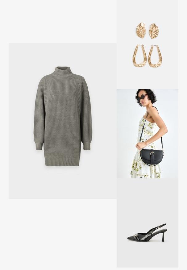 Túlméretezett szürke kötött pulóver magas gallérral, bordás mandzsettákkal és texturált felülettel. Jellemzői közé tartozik a leengedett váll és a laza szabás.; Fekete lakk bőr, hegyes orrú slingback cipő, boka pántokkal, ezüst csatokkal és hardverelemekkel, valamint karcsú sarkú.; Fekete bőrtáska ívelt formával, levehető pánttal és arany színű fémrészekkel. A táskán egy csattal díszített fedél található.; Aranyszínű fülbevalók, texturált, hullámos formákkal. Tartalmazza a szobrászati klipszes studokat és az open hoop kialakítást, kalapácsos felülettel.