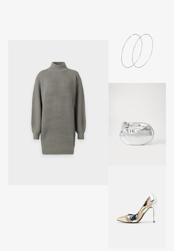 Överdimensionerad grå stickad tröja med hög krage, ribbade muddar och texturerad yta. Har sänkta axlar och en avslappnad passform.; Spetsig tå högklackad sko med en färgpalett av silver, guld och nude. Glansig yta med utskärningsdesign, utrustad med en stilettklack.; Silverfärgad metallisk påse med en mjuk, rundad form och en knutstängning upptill. Tillverkad av ett mjukt material i konstläder.; Silverfärgade hoopörhängen med en minimalistisk design. Cirkulär form, slät yta och tunn profil. Lätta med en polerad finish.