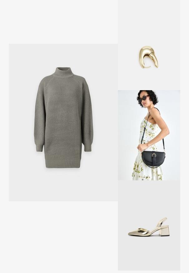 Overdimensjonert grå strikkegenser med høy krage, ribbede mansjetter og teksturert overflate. Har dropped shoulders og en avslappet passform.; Gull, metallisk slingback-hæler med spiss tå og chunky hæl. Glatt tekstur, minimalistisk design og en smal stropp.; Svart lærveske med en buet form, avtagbar stropp og gullbeslag. Vesken har et klaff med spenne-detall.; Gullfarget metalløredobber med et elegant, buet design. Har en karakteristisk spiss form, polert overflate og hengsel-lukking.