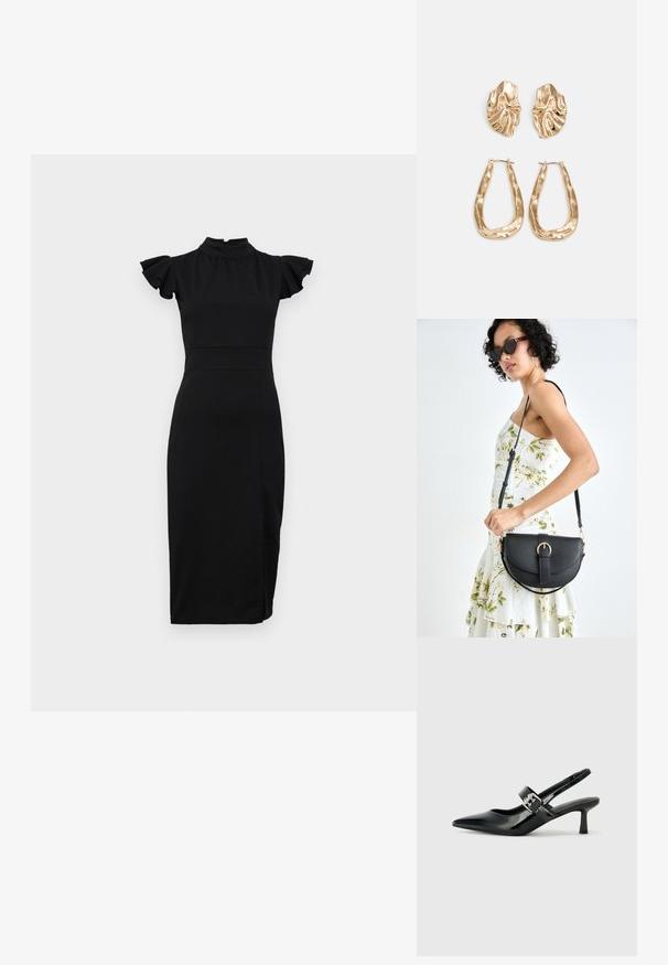 WAL G. ASHLY RUFFLE MIDI - Robe de soirée - black; Escarpins slingback en cuir verni noir avec un bout pointu et un petit talon bloc, mettant en avant un accent en boucle argentée sur la sangle.; Sac à main en cuir noir avec une forme courbée, bandoulière amovible et des accessoires en or. Le sac est doté d'un rabat avec un détail de boucle.; Boucles d'oreilles dorées présentant des formes texturées et ondulées. Comprend des clips sculpturaux et un design de créoles ouvertes avec une finition martelée.