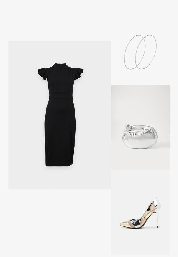 WAL G. ASHLY RUFFLE MIDI - Kokteilikleit/peokleit - black; Kitsas toe kõrge kontsaga kingad, millel on hõbedane, kuldne ja nude värvilahendus. Läikiv viimistlus lõikekujundusega, stiletto konts.; Hõbedane metallikoti kott pehme, ümar kuju ja sõlme ülemise sulgemisega. Valmistatud siledast kunstnahast materjalist.; Hõbedased rõngastikkaehingad minimalistlikus disainis. Ümar kuju, sile tekstuur ja õhuke profiil. Kerged ning poleeritud viimistlusega.