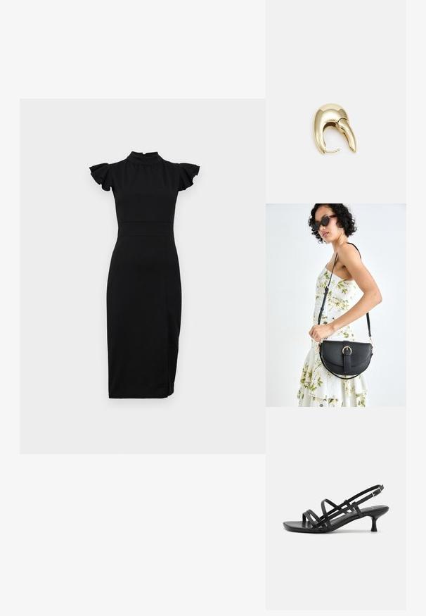 WAL G. ASHLY RUFFLE MIDI - Robe de soirée - black; Sandales à talons noirs avec plusieurs brides entrecroisées. Matériau lisse, bout pointu et talon étroit. Bride de cheville ajustable avec boucle.; Sac à main en cuir noir avec une forme courbée, bandoulière amovible et des accessoires en or. Le sac est doté d'un rabat avec un détail de boucle.; Boucle d'oreille en métal doré avec un design élégant et courbé. Présente une forme conique distinctive, une surface polie et une fermeture à charnière.