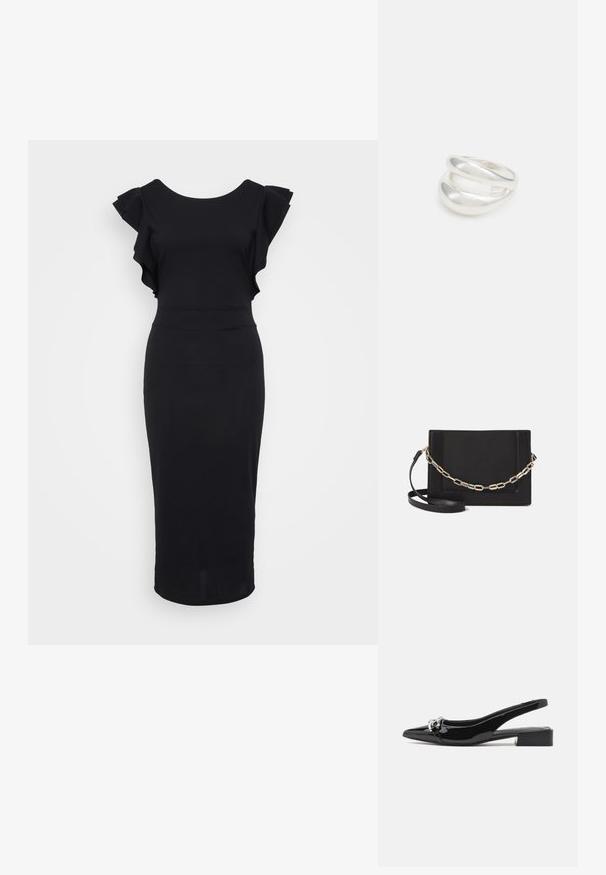 Must have mustrindi kleit, mis on valmistatud siledast kangast, ruffledega varrukad, ümmargune kaelus ja põlvepikkune lõige. Lihtne ja elegantne disain.; Mustad nahast slingback kingad terava nina ja hõbedaste detailidega, madala plokkn红黑大战. Ühtlane, läikiv tekstuur kogu ulatuses.; Mustast nahast õlakott, mis omab siledat tekstuuri, ristküliku kuju ning esiküljel metallketi detaili. Reguleeritav rihm on kaasas.; Hõbedane kahekordne rõngas sujuva, poleeritud pinnaga. Omab voolavat, kõverat disaini, millel on kattuvad sektsioonid, et saavutada kaasaegne ilme.