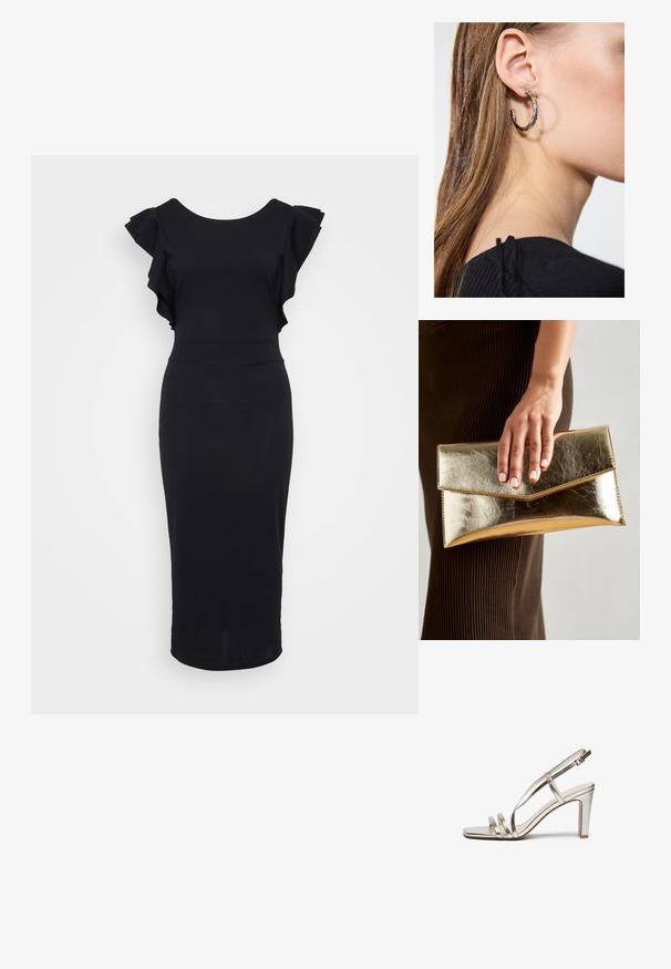 Juodos spalvos prigludusi suknelė, pagaminta iš lygaus audinio, su volanų rankovėmis, apvaliu iškirpimu ir kelių ilgio apdaila. Paprastas ir elegantiškas dizainas.; Metallic sidabriniai aukštakulniai sandalai su atvira nosimi, turintys tris plonas dirželius per pėdą ir kulkšnies dirželį su sagtimi.; Auksinės metalinės rankinės su lygiu paviršiumi, kuri turi trikampio formos užsegimą. Ranką laikančioji turi tvarkingai prižiūrėtus nagus.; Sidabrinė lankinė auskarai su poliruotu paviršiumi, turintys mažus auksinius akcentus ir apvalią formą, dėvimi ant ausies kaušelio.