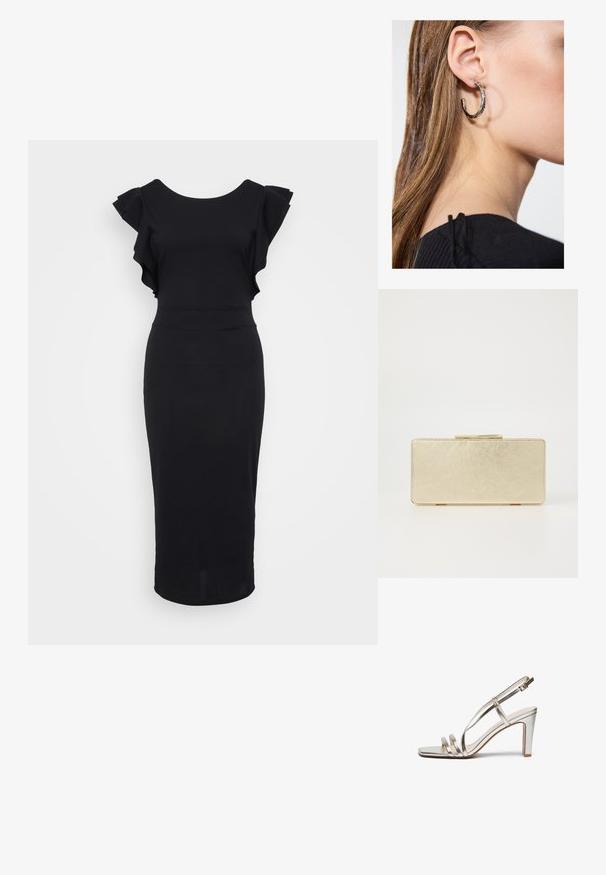 Fekete, sima anyagból készült, testhezálló ruha, fodros ujakkal, kerek nyakkivágással és térd alá érő szegéllyel. Egyszerű és elegáns dizájn.; Fémes ezüst színű magassarkú szandál nyitott orral, három vékony pánttal a lábfejen és egy csatfüles bokapánttal.; Arany színű clutch táska sima fémes felülettel, téglalap alakú, egyszerű csattal. Nincsenek látható minták vagy díszítések.; Ez egy ezüst fülbevaló, sima felülettel, amelyen apró arany díszítőelemek találhatók. Kerek formájú és a fülcimpán viselik.