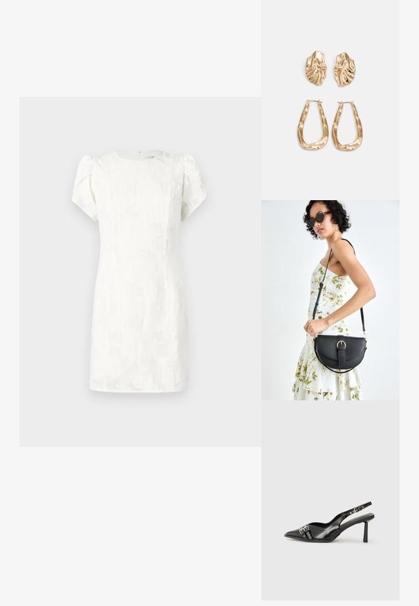 Vestido branco de manga curta com padrão floral texturizado, silhueta ajustada e fecho de correr oculto nas costas, com mangas bufantes suaves.; Sapato slingback preto em pele patentada com bico apontado, tiras no tornozelo apresentando fivelas e acessórios prateados, e um salto elegante.; Bolsa de couro preta com forma curva, alça destacável e detalhes em dourado. A bolsa possui uma aba com detalhe de fivela.; Brincos em tom de ouro com formas onduladas e texturizadas. Inclui studs escultóricos com presilha e um design de argola aberta com um acabamento martelado.