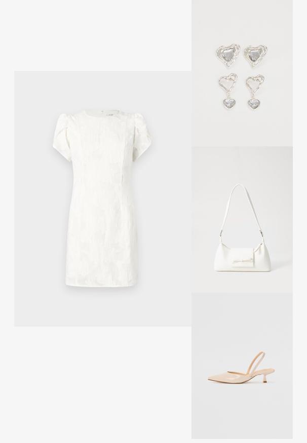 Vestido branco de manga curta com padrão floral texturizado, silhueta ajustada e fecho de correr oculto nas costas, com mangas bufantes suaves.; Saltos slingback em couro sintético bege com bico apontado e um salto quadrado fino. Textura suave e design minimalista sem embellishments.; Mala sintética branca com formato triangular, aba frontal plana e detalhe de laço, alça ajustável, textura suave e design minimalista.; Os brincos em forma de coração prateados apresentam pedras claras facetadas, com uma moldura texturizada. O conjunto inclui estilos de botão e de gota.