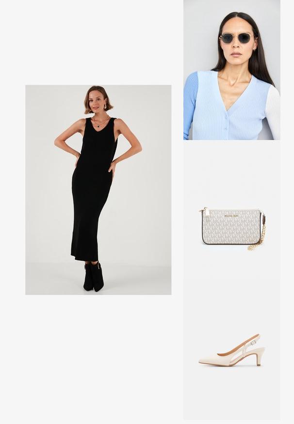Rochie maxi neagră cu pliuri, cu decolteu în V, design fără mâneci și o ușoară evazare la margine. Este asortată cu cizme negre până la gleznă, cu accente metalice.; Sandaie cu toc alb, cu vârful ascuțit, material superior neted, toc mic tip bloc și design cu decupaj lateral, cu curea ajustabilă.; Ochelari de soare rotunzi cu lentile întunecate și rame aurii. Modelul poartă un cardigan ribbed de culoare albastru deschis cu nasturi și mâneci albe în contrast.; Clutch Michael Kors din canva acoperit bej, cu un model repetitiv al logo-ului MK, accesorii din aur și o curea cu lanț detașabil.