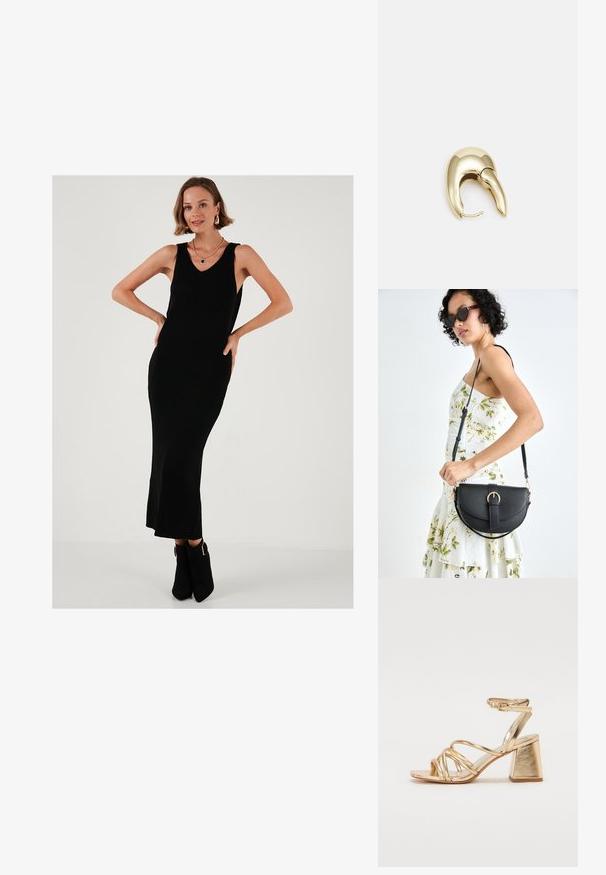 Rochie maxi neagră cu pliuri, cu decolteu în V, design fără mâneci și o ușoară evazare la margine. Este asortată cu cizme negre până la gleznă, cu accente metalice.; Sandale cu toc metalice aurii, având un design cu barete, toc pătrat și curea ajustabilă la gleznă cu cataramă. Textură netedă.; Geantă din piele neagră, cu o formă curbată, curea detașabilă și accesorii aurii. Geanta are un capac cu un detaliu tip cataramă.; Cercei din metal de culoare aurie cu un design elegant și curbat. Prezintă o formă distinctivă, ascuțită, o suprafață lustruită și un sistem de închidere cu balama.