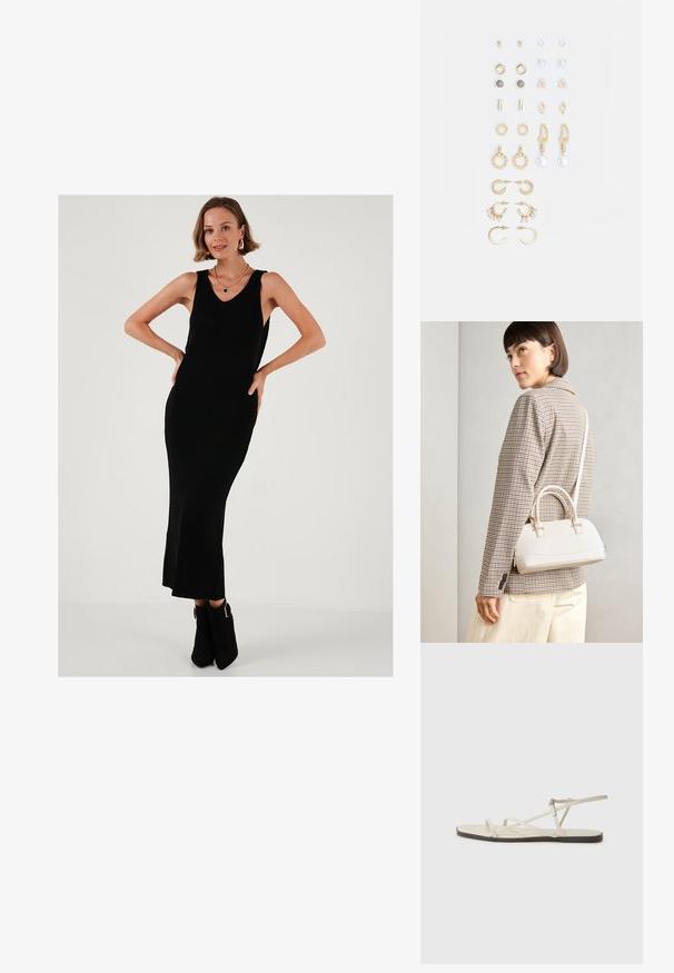 Melna ribota maxi kleita ar V-veida dekoltē, bez piedurknēm un smalku izplešanos apakšmalā. Savienota ar melniem potīšu zābakiem ar metāliskām akcentēm.; Bežīgas plakanas čības ar vairākiem plāniem siksniņām un regulējamu sprādzi. Zole ir plakana ar nelielu tumšu kontrastu malā.; Balta strukturēta roku soma ar īsām rokturiem un plecu siksnu, ar zelta aparatūras akcentiem un strukturētu materiālu, izstādīta uz pelēka fona.; Zeltainā tonī auskari, kas iekļauj dažādus dizainus, tostarp pīrsingu, gredzenus un karājošus elementus ar pērlēm un rhinestones.