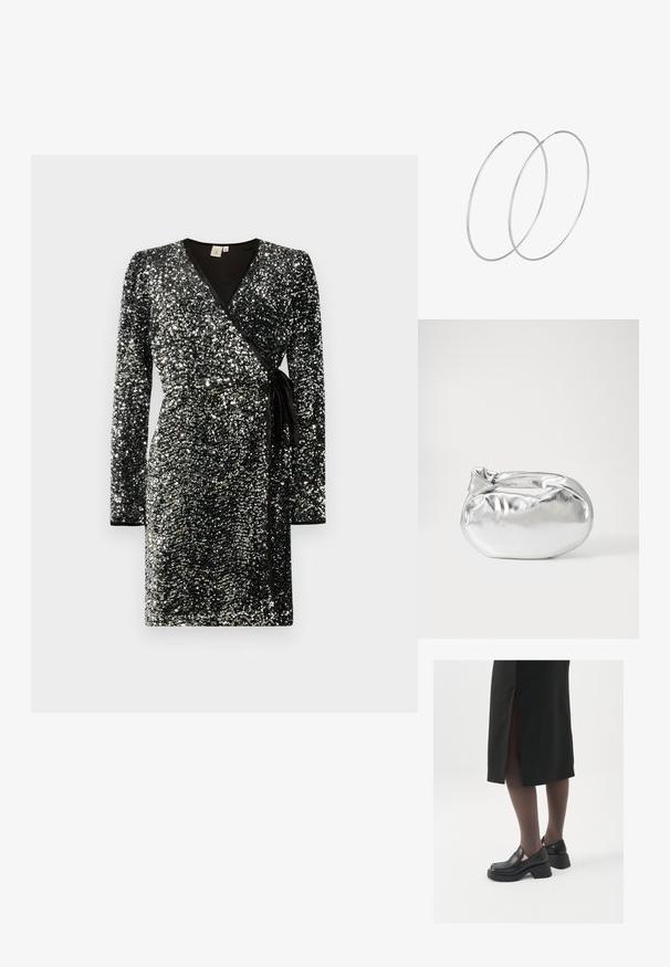 Melnā apģērba kleita, kas pārklāta ar sudraba spīguļiem, ar garām piedurknēm, V veida izgriezumu, aizdari vidū ar jostu un kontrastējošiem melniem apdarēm.; Melni ādas apavi ar noapaļotu purngalu, biezām bloku papēžiem un elastīgiem sānu akcentiem, apvienoti ar tumšām zeķubiksēm un melnu svārku ar šķirbu.; Sudraba metāliska poga somiņa ar mīkstu, noapaļotu formu un mezgla augšējo aizdari. Izgatavota no gludas mākslīgās ādas materiāla.; Sudraba gredzenveida auskari ar minimālistisku dizainu. Cirkulāra forma, gluda tekstūra un plāns profils. Vieglu svaru ar spīdīgu apdari.