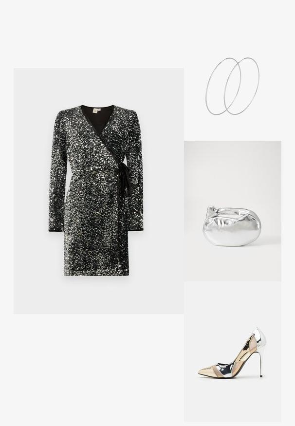 Čierna obálková šaty pokryté striebornými lesklými flitrami, s dlhými rukávmi, V-výstrihom, sťahovaným pásom s viazaním a kontrastným čiernym lemovaním.; Lodičky s špičatou špičkou v striebornom, zlatom a telovom farebnom prevedení. Lesklý povrch s výrezovým dizajnom, s ihlovým opätkom.; Strieborná metalická taška s mäkkým, zaobleným tvarom a uzáverom s uzlíkom. Vyrobená z hladkej syntetickej kože.; Strieborné kruhové náušnice s minimalistickým dizajnom. Cirkulárny tvar, hladký povrch a tenký profil. Ľahké s lesklým povrchom.