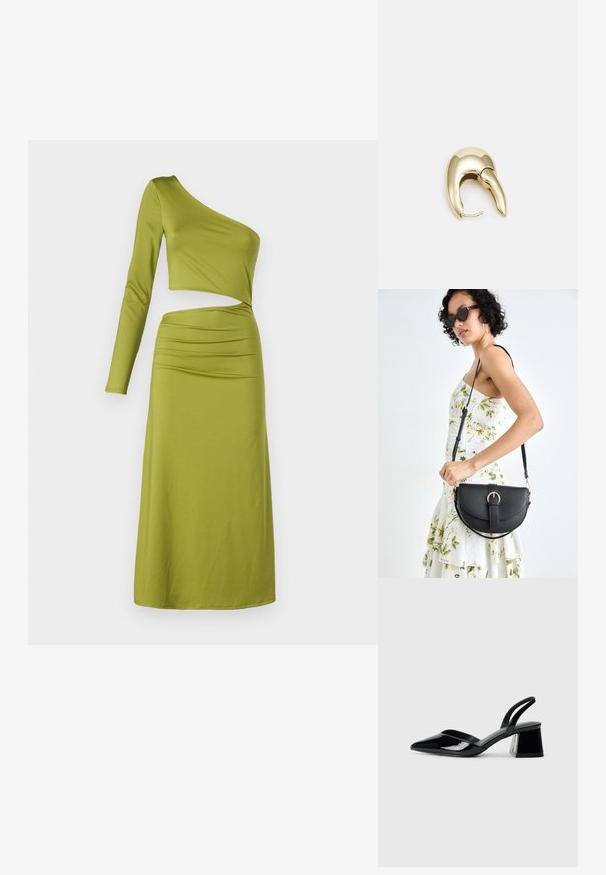 Olīvzaļš vienas pleca garās piedurknes kleita ar pieguļošu bodiju un rušinātu detaļu jostasvietā, izgatavota no gludas, stiepjas auduma.; Melna lakota āda ar atvērto papēdi, ar smailu purngalu un ģeometrisku blokpapēdi. Iezīmējas elegants, minimāls dizains un gluda tekstūra.; Melnas ādas rokassoma ar izliekta formu, noņemamu siksnu un zelta aksesuāriem. Somai ir vāciņš ar sprādzes detaļu.; Zeltīti metāla auskari ar gludu, izliekta dizaina. Ar atšķirīgu smailu formu, pulētu virsmu un eņģu aizdari.