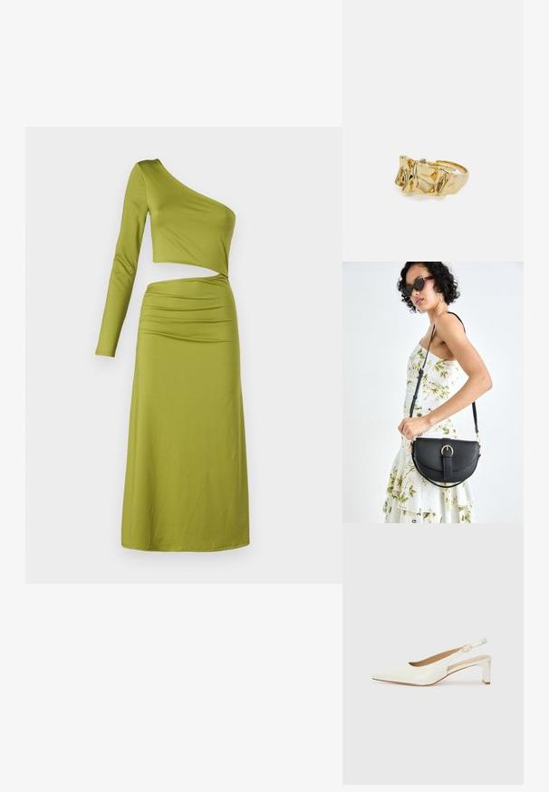 Eno-rame, dolg rokav obleka v olivno zeleni barvi, ki se ponaša z oprijetim zgornjim delom in gubanjem v predelu pasu, narejena iz gladkega, raztegljivega materiala.; Bele begaste usnjene slingback čevlje z ostrim nosom in nizkim blokastim peto. Imajo diskreten trak z zlatim podrobnostim s sponko.; Črna usnjena torbica s ukrivljeno obliko, z odstranljivo naramnico in zlatimi dodatki. Torbica ima pokrov s podrobnostmi v obliki zaponke.; Zlati prstan z teksturiranim, valovitim dizajnom, ki ima tri izrazite vrhove. Gladka, sijoča površina z odprtim pasom za prilagodljivo prileganje.