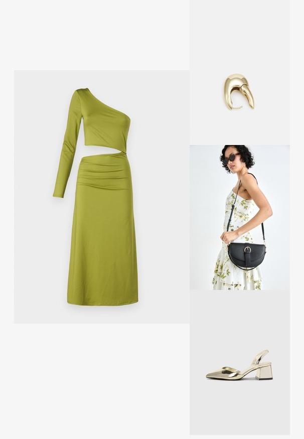 Olívazöld, egyvállas, hosszú ujjú ruha, formás fazonnal és rakott részlettel a deréknál, sima, rugalmas anyagból készült.; Arany, fémből készült slingback sarkú cipők hegyes orral és vastag sarokkal. Simaság, minimalista design és keskeny pánt jellemzi.; Fekete bőrtáska ívelt formával, levehető pánttal és arany színű fémrészekkel. A táskán egy csattal díszített fedél található.; Aranyszínű fém fülbevaló, elegáns, ívelt formával. Különleges hegyes alak, fényes felszín és zsanéros záródás jellemzi.