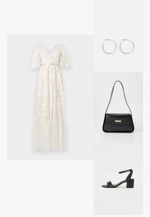 Robe longue en ivoire avec un décolleté en V, des manches courtes à volants, un superposition de dentelle florale et une jupe à étages. Dispose d'une taille ceinturée et d'un délicat fini.; Sandale à talons noirs avec un dessus en cuir lisse, une ouverture à l'avant, de larges brides avant et une bride de cheville ajustable avec une boucle dorée.; Sac à main en cuir noir avec une forme triangulaire structurée, une fine sangle et des détails en métal doré, comportant une plaque logo sur le rabat avant.; Les boucles d'oreilles en argent en forme de créole présentent un design lisse et arrondi avec un profil fin et un fermoir sécurisé. Style minimaliste avec une finition polie.