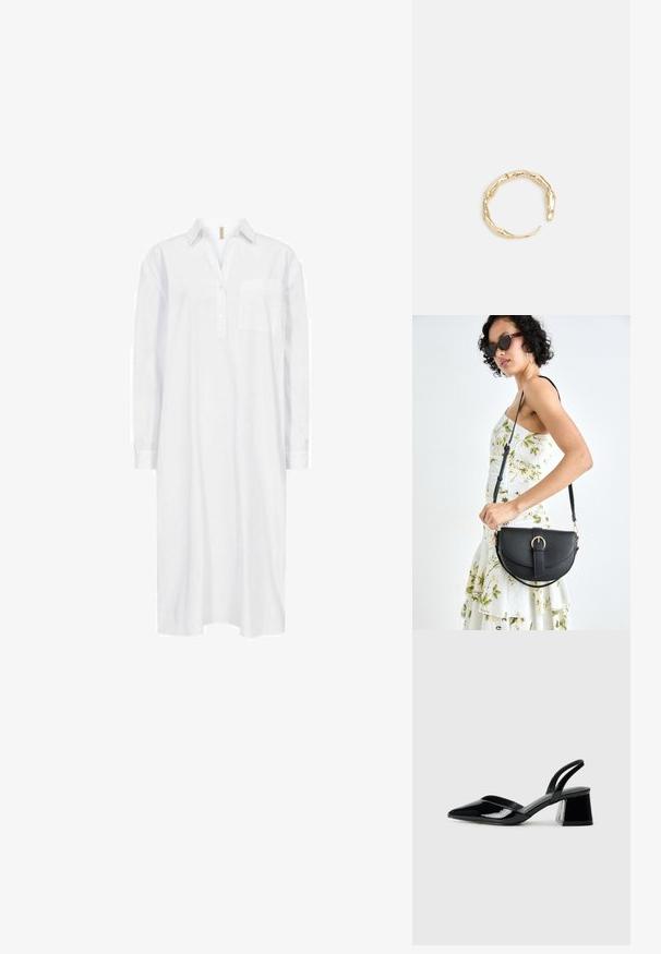 Soyaconcept SC-NETTI 69 - Skjortekjole - white; Sorte patentlæder slingback hæle med spids tå og en geometrisk blok hæl. Har et elegant, minimalistisk design og en glat tekstur.; Sort læderhåndtaske med en buet form, aftagelig rem og guldfinish. Tasken har en klap med en spænde detalje.; Guld-tone ring med et organisk, snoet design, glat overflade og affasede ender, hvilket skaber et moderne, skulpturelt udseende.