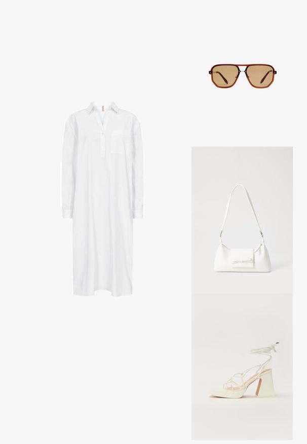 Soyaconcept SC-NETTI 69 - Košilové šaty - white; Bílé sandály na vysokém podpatku s robustním podpatkem, s designem s pásky a zavazováním kolem kotníku. Hladký povrch s platformou vpředu pro zvýšení výšky.; Hnědé osmiúhelníkové sluneční brýle s průhledným jantarem rámem a hnědými skly. Mají kovový akcent na můstku a štíhlé nožičky.; Bílá syntetická kabelka v trojúhelníkovém tvaru, s plochým předním klopným víkem a detailem mašle, nastavitelným popruhem, hladkým povrchem a minimalistickým designem.