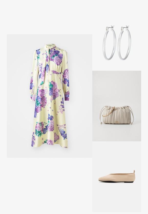 Pikend käistega kleit siledast kangast, millel on kollane põhivärv ja lillad lillemustrid. Sisaldab lipsuga kaelust ja r gathered vöökohta.; Bežid nahkkinged balleti sussid madala profiiliga, ümar varvas ja must kummitald, väike tagumine aas mugavaks jalga panemiseks.; Pleated kreemikott, mis on valmistatud pehmest materjalist, sisaldab pitsitud kuldset ahelat ja kohandatavat kuju loov aasa sulgemist.; Hõbedased rõngaskõrvarõngad, millel on sile, läikiv viimistlus. Ümmargune kuju ja turvaline klõpsulatus. Kerge disain, sobib igapäevaseks kandmiseks.