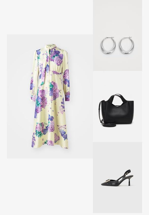 Long-sleeve dress in smooth fabric, featuring a yellow base with purple floral patterns. Includes a tie neckline and gathered waistline.; Black leather slingback shoe with pointed toe, slender heel, and gold-tone hardware accent on the vamp. Smooth texture and structured design.; Black leather handbag with textured finish, angular shape, dual handles, and an adjustable shoulder strap. Features a DKNY logo accent.; Pair of polished silver crescent hoop earrings with hinged clasps on a white background.