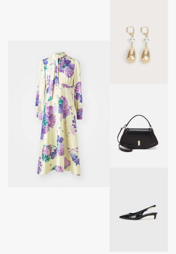 Langärmliges Kleid aus glattem Stoff, mit gelbem Grund und lila Blumenmustern. Es hat einen gebundenen Ausschnitt und eine geraffte Taille.; Schwarze Leder-Slingback-Pumps mit spitzem Schuhblatt, ausgestattet mit einem schlanken Absatz und einem goldfarbigen Akzent am verstellbaren Riemen. Glatte Textur.; Schwarze Lederhandtasche mit einem strukturierten Design, das eine verkürzte Form, einen oberen Griff und goldfarbene Hardware-Details aufweist. Verstellbarer Schulterriemen ist enthalten.; Goldfarbene Tropfenohrringe mit einer tränenförmigen Silhouette, die ein glänzendes metallisches Finish und einen silberfarbenen Perlenakzent aufweisen.