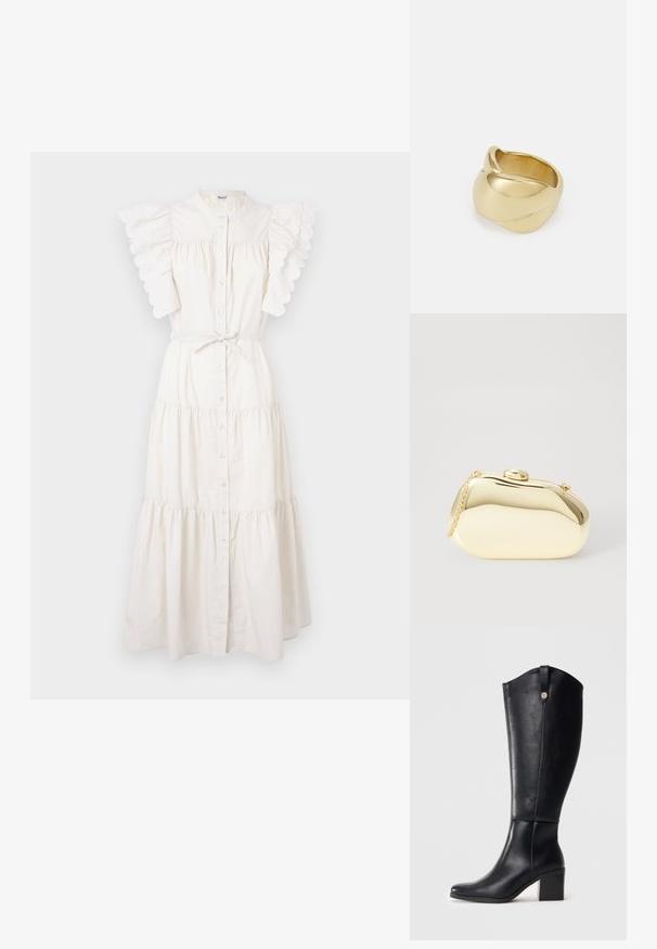 Balta midi suknelė su sluoksniuota konstrukcija, priekyje su mygtukais ir banguotais raukiniais. Pagaminta iš lengvos medžiagos, su juosmens raišteliu.; Juodos odinės kelio ilgio batai su kvadratiniu pirštu ir blokuotu kulnu. Yra šoninė siūlė ir dekoratyvinis metalinis akcentas viršuje.; Metalinis auksinis rankinukas su glotnia, suapvalinta forma, turintis viršutinį mygtuko užsegimą ir mažą grandinėlės dirželį nešiojimui.; Auksinės spalvos žiedas su lygiu, sukamu dizainu. Yra poliruotas paviršius ir suapvalinti kraštai, sukuriantys vientisą, sklandžią formą.