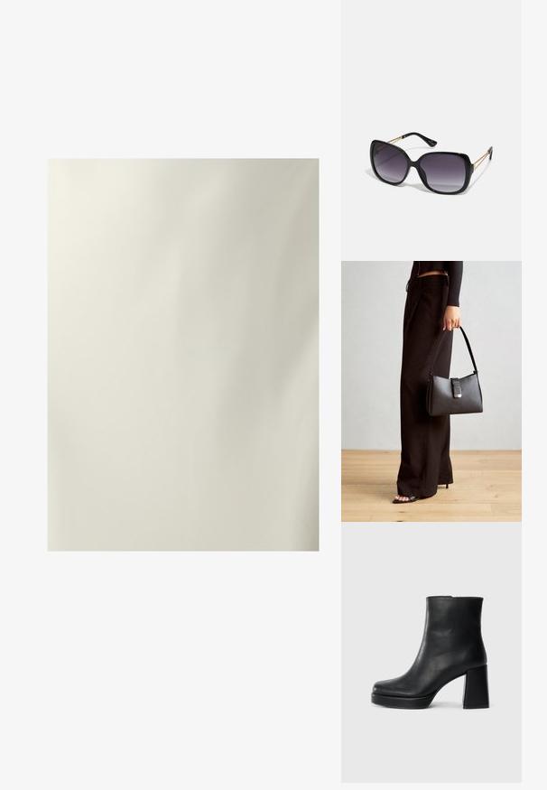 Tessuto liscio di colore crema con una leggera lucentezza. La texture è uniforme, con un design semplice e minimo, senza modelli o accenti visibili.; Stivale alla caviglia in pelle nera con tacco a blocco e suola platform, visto di lato su uno sfondo bianco uniforme.; Occhiali da sole neri oversize con lenti sfumate, montatura spessa e dettagli in catena dorata sulle astine.; Borsa nera con forma strutturata, texture liscia e una chiusura metallica. Abbinata a pantaloni neri larghi e sandali open-toe su un pavimento in legno.