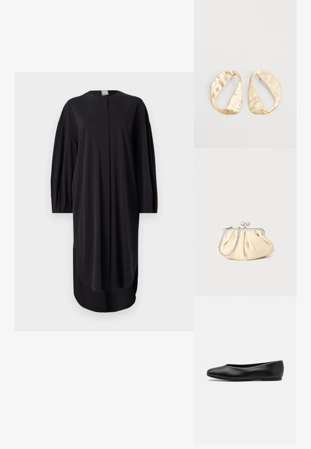 Mustast kleidist, mis on valmistatud siledast kangast, ümmarguse kaeluse, pikkade varrukate ja külgmiste lõigetega. Lõtv lõige, minimaalsete disainielementidega.; Paul Smith TOPANGA - Baleriinad - black; Kortsus beežist nahast kotike, millel on hõbedane metallraam, kaunistatud kahe ümmarguse dekoratiivse lukuga ja hõbedase ketispideme. ; Eba paar eba ebaorditud ovaalkujulisi kuldehhe kaal setertu, kerge keersuju pinnaga valgel taustal.