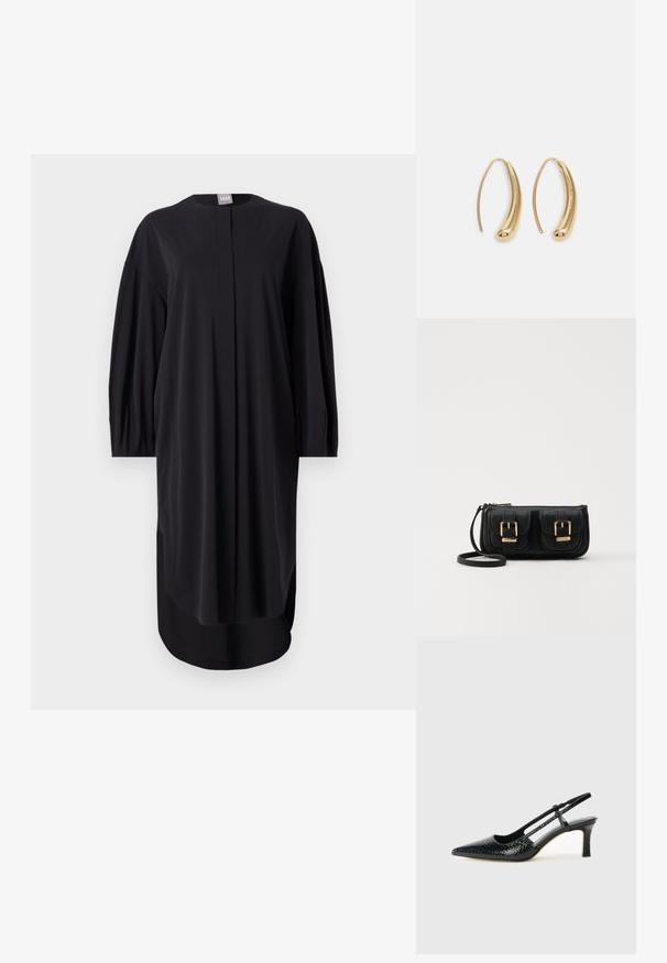 Rochie neagră dintr-un material neted, cu decolteu rotund, mâneci lungi și fante laterale. Croi lejer, cu detalii de design minime.; Pantofi cu toc slingback negri din patent, cu vârf ascuțit, cu imprimeu de șarpe texturat, curea ajustabilă și toc scurt texturat.; Geantă neagră din piele, tip crossbody, cu două buzunare frontale, catarame aurii, închidere cu fermoar și o curea subțire. Suprafață texturată și formă rectangulară compactă.; Cercei din metal auriu, cu un design curbat și alungit. Au o suprafață netedă și strălucitoare, cu un vârf rotunjit pentru un detaliu suplimentar.