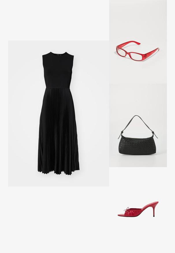 Musta ilmanhiha dressi, jossa on istuva yläosa ja laskostettu hame. Sileä tekstuuri kauniilla laskoksilla, saavuttaen polvipituisen pituuden.; Punaiset nahka-avokkaat, joissa on avotukka, koottu ja poimutettu muotoilu sekä koristeellinen nauha. Varustettu korkean kantalukon ja sileän pinnan kanssa.; Punaiset muoviset silmälasit, joissa on suorakulmainen kehys, kirkkaat linssit ja kapeat sango. Merkin logo "even&odd" on kohokuvioitu sankaan.; Mustan kudotun olkalaukun, jossa on sileä nahkahihna ja vetoketjukiinnitys. Mahdollistaa teksturoituneen pinnan ja kaarevan muodon.