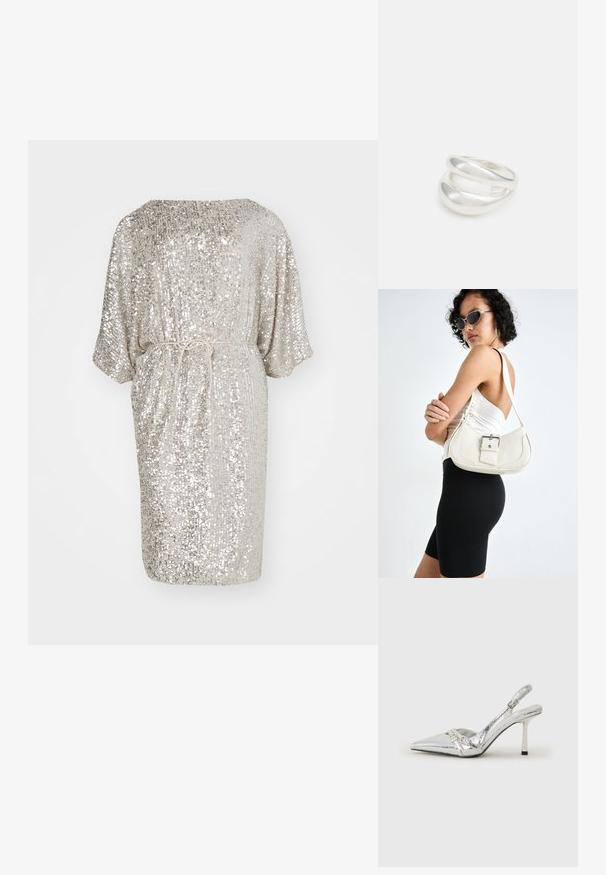 Hõbedane sädeleva kangaga kleit laia lõikega, lühikeste varrukatega ja ümmarguse kaelusega, millel on reguleeritava sobivuse jaoks vöövise vöö.; Hõbedased slingback kõrged kontsad terava ninaga, metalne viimistlus, kaks dekoratiivset rihma ja sihvakad kontsad musta otsaga.; Valge nahast käekott, millel on kõver kuju, reguleeritav rihm ja väike nööbiga detail. Mudel kannab sobivat musta kostüümi.; Hõbedane kahekordne rõngas sujuva, poleeritud pinnaga. Omab voolavat, kõverat disaini, millel on kattuvad sektsioonid, et saavutada kaasaegne ilme.