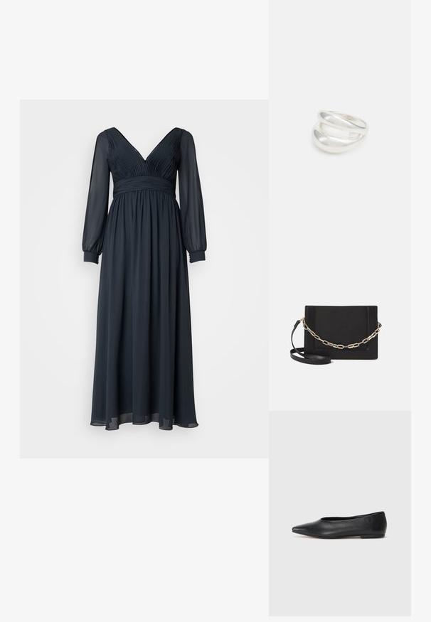 Long-sleeve, dark blue chiffon dress with a V-neck, pleated bust, and gathered waist. Flowing skirt with soft texture and elastic cuffs.; Black leather ballet flat, pointed toe, minimalistic design, smooth texture, low-profile heel, no visible hardware or embellishments.; Black leather crossbody bag featuring a smooth texture, rectangular shape, and a metallic chain detail on the front. Adjustable strap included.; Silver double-band ring with a smooth, polished surface. Features a fluid, curved design with overlapping sections for a modern look.
