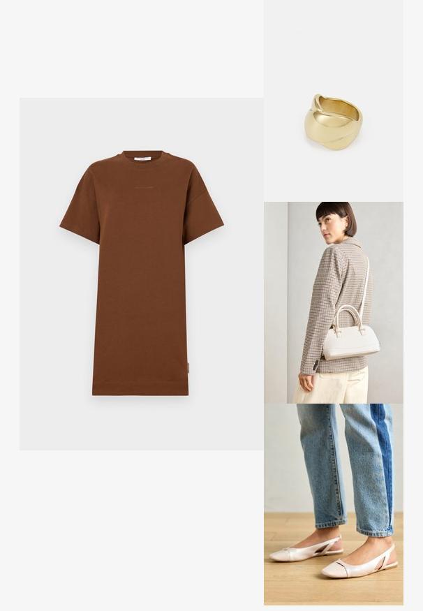 Hnedé bavlnené šaty s krátkymi rukávmi, okrúhlym výstrihom a voľným strihom. Obsahujú jemný detail loga na hrudi a boタグ.; Svetloružové slingback baleríny s jemne špicatou špičkou, vyrobené z hladkého materiálu pripomínajúceho kožu. Majú výrezové detaily na stranách a plochý opätok.; Biela štruktúrovaná kabelka s krátkymi rúčkami a ramenným popruhom, s zlatými kovovými prvkami a textúrovaným materiálom, vystavená na šedom pozadí.; Zlatá prstene s hladkým, skrúteným dizajnom. Má lesklý povrch a zaoblené okraje, čím vytvára bezproblémový, plynulý tvar.