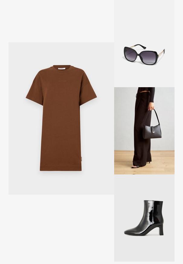 Rudas medvilnės T formos suknelė su trumpomis rankovėmis, apvaliu iškirpimu ir laisvu siluetu. Įrengta subtiliu logotipu krūtinės srityje ir šonine etikete.; Juodos lakuotos odinės aulinukės su smailiu pirštu ir vidutinio aukščio blokuotu kulnu. Lygus paviršius ir minimalistinis dizainas.; Juodos didelės saulės akinių su pereinamais objektyvais, storomis rėmeliais ir auksinės spalvos grandinėmis ant šventyklų.; Juodas rankinė struktūrizuota forma, lygi tekstūra ir metalinis užsegimas. Suporuota su plačiomis juodomis kelnėmis ir atvirais bateliais ant medinių grindų.