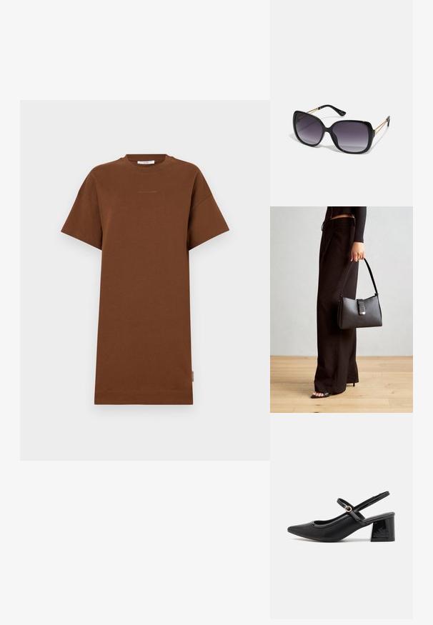 Pruun puuvillane t-särk-kleit lühikeste varrukatega, ümara kaelusega ja mugava lõikega. Omab õrna logo detaili rinnas ja küljetagi.; Mustad läikivad nahast slingback-kõrged kontsad, millel on terav nina, ümar lõikekujundus ja blokknina. Omab kuldset nupu aktsenti.; Mustad ümarad päikeseglaasid, millel on gradient objektiivid, paksud raamid ja kuldse tooni kettaga kaunistused tempelitel.; Must musta kott, millel on struktureeritud kuju, sile tekstuur ja metallist klamber. Kombineeritud laiate mustade pükstega ja avatud varvaste sandaalidega puidust põrandal.