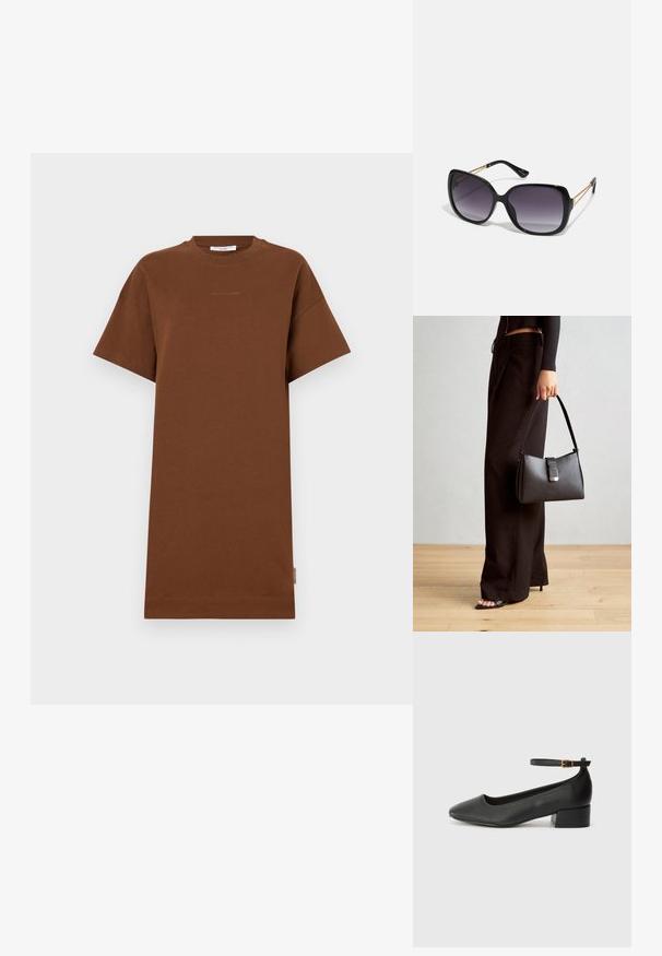 Brązowa sukienka z materiału bawełnianego, z krótkimi rękawami, okrągłym dekoltem i luźnym krojem. Posiada subtelny detal logo na klatce piersiowej oraz metkę po boku.; Czarne skórzane szpilki z ostrym noskiem i niskim słupkowym obcasem. Wyposażone w pasek na kostkę z złotym zapięciem. Gładka tekstura.; Czarne oversize okulary przeciwsłoneczne z gradientowymi soczewkami, grubymi oprawkami i złotym łańcuszkiem na ramionach.; Czarna torebka o usztywnionym kształcie, gładkiej fakturze i metalowym zapięciem. Połączona z szerokimi czarnymi spodniami i sandałami na otwartym palcu na drewnianej podłodze.