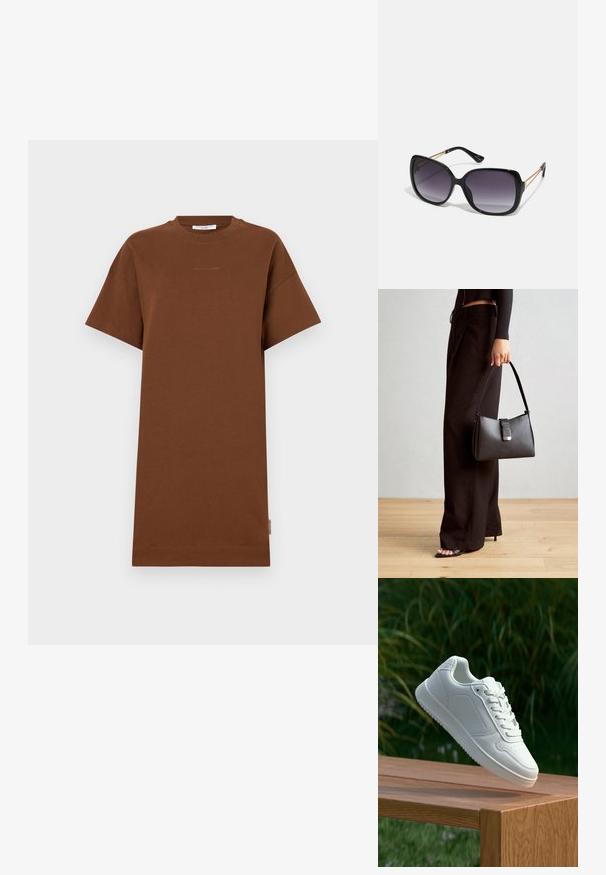 Ruske miehisiä puuvillapaitamekko, jossa on lyhyet hihat, pyöreä pääntie ja rento malli. Sisältää hienovaraisen logon yksityiskohdan rinnassa ja sivulapun.; Valkoiset tennarit, joissa on sileä synteettinen päällinen, rei'itetty varvasosa, litteät nauhat ja teksturoitu pohja, esillä puupinnalla.; Mustat ylisuurten kehysten aurinkolasit, joissa on liukuväri-linssit, paksut kehykset ja kultasävyiset ketjustuskoristeet temppeleissä.; Musta käsilaukku, jossa on rakenteellinen muoto, sileä pinta ja metallinen solki. Yhdistetty leveisiin mustiin housuihin ja avonaiheisiin sandaaleihin puulattialla.