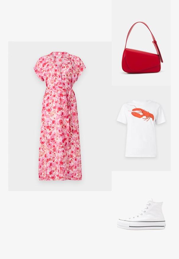 Maxi suknelė iš lengvos medžiagos su ryškiu gėlių raštu rožinės ir raudonos spalvų atspalviuose. Yra trumpomis rankovėmis, su rišamu diržu ir mygtukais.; Balta medvilnė marškinėliai su dideliu, ryškiu raudonu omaru grafiku priekyje. Trumpomis rankovėmis ir standartiniu apvaliu kaklu.; Balti aukštakulniai drobės sportbačiai su juodu guminio pado, priekinio guminio piršto dangteliu ir šešiais akytėmis raištams, pasižymintys švariu, minimalistiniu dizainu.; Raudona odinė rankinė su kampuota, geometrine forma. Pasižymi viena reguliuojama dirželiu ir dangteliu su siuvinėtais dekoracijomis.