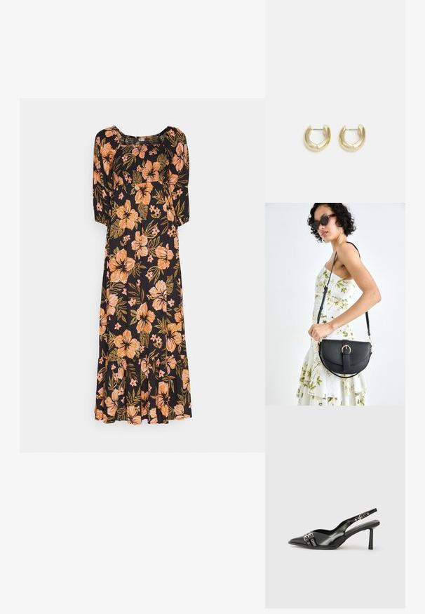 Czarna sukienka w kwiaty z trzema ćwierć rękawami, z pomarańczowymi wzorami hibiskusa i zielonymi liśćmi, z rozkloszowanym dołem i marszczonym dekoltem.; Czarne lakierowane buty typu slingback z ostrym noskiem, paskami na kostkach z srebrnymi klamrami i elementami metalowymi oraz smukłym obcasem.; Czarna skórzana torebka o zakrzywionym kształcie, z odpinanym paskiem i złotymi akcentami. Torebka posiada klapę z zapięciem w kształcie klamry.; Złote kolczyki w formie obręczy o gładkim, wypolerowanym wykończeniu. Charakteryzują się półkolistym kształtem i bezpiecznym zapięciem na styk.